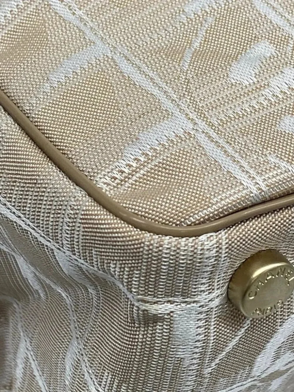 CHANEL New Travel Line Tote MM Beige White Nylon Jacquard Leather Tote Bag